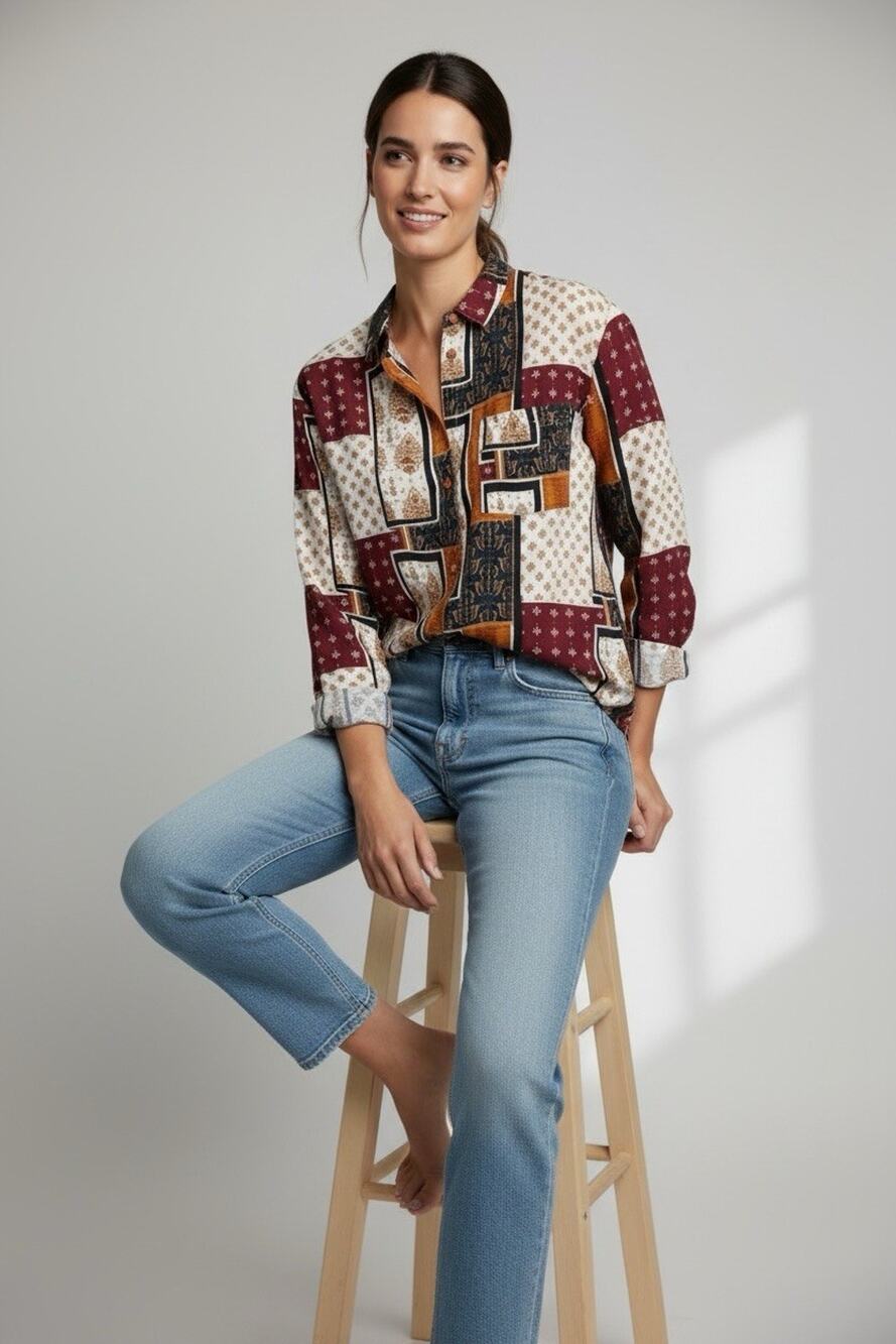 Tru Self Women's Shirt Blouse Mixed Patterns Patchwork Button Front Size XL